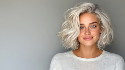 Smiling woman with wavy silver hair, wearing cozy white sweater, exuding warmth and confidence