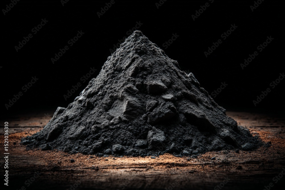 Aufkleber black powder sits in a conical shape on a wooden surface illuminated by soft light in a dark setting