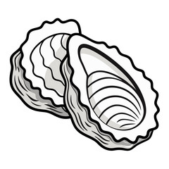 Black and white vector illustration of an open oyster shell. Hand-drawn seafood element in sketch style, ideal for restaurant menus, seafood packaging, or culinary-themed designs.