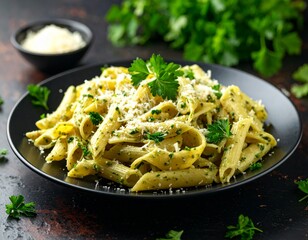 Pasta dish with mushrooms pesto and cheese on a plate for delicious Italian meal