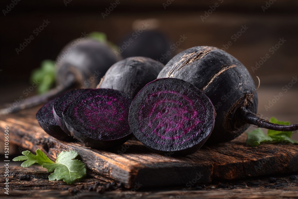 Poster fresh black radishes sliced and displayed on a rustic wooden surface with green herbs beside them in