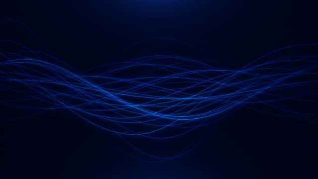Abstract glowing fiber wave lines on dark blue background. Tech, sci-fi, futuristic look. Perfect for presentations, interfaces, and digital art.