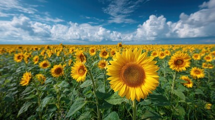 Vibrant sunflower field under a blue sky with fluffy white clouds in summertime