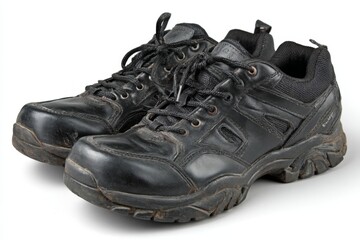 Worn black athletic shoes resting on a clean surface showcasing signs of daily use and rugged outdoor activity