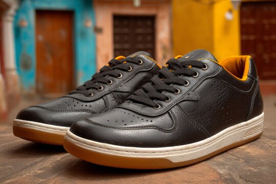 Black leather sneakers with orange lining on cobblestone street in vibrant town