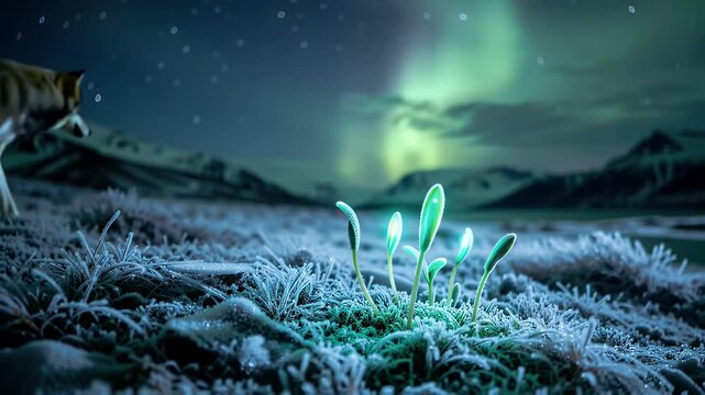 Enchanted Aurora A Husky's Nighttime Journey Amidst Glowing Arctic Plants