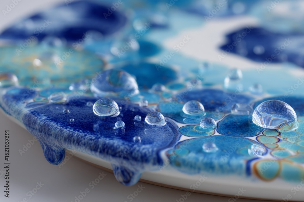 Poster close-up view of water droplets on a vibrant blue ceramic plate displaying intricate patterns