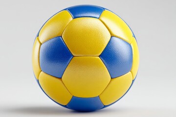 Vibrant blue and yellow handball with a unique design placed on a neutral backdrop ready for play