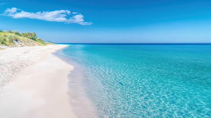 Obraz premium Serene beach scene with clear aqua waters and bright blue sky creates tranquil atmosphere