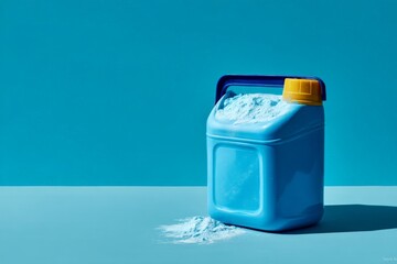 Blue container filled with washing powder on a solid blue background emphasizing cleanliness in modern home settings