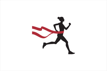 The woman was the first to reach the finish line. Silhouettes. Red ribbon.