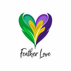purple, green, and gold feathers arranged in a heart shape