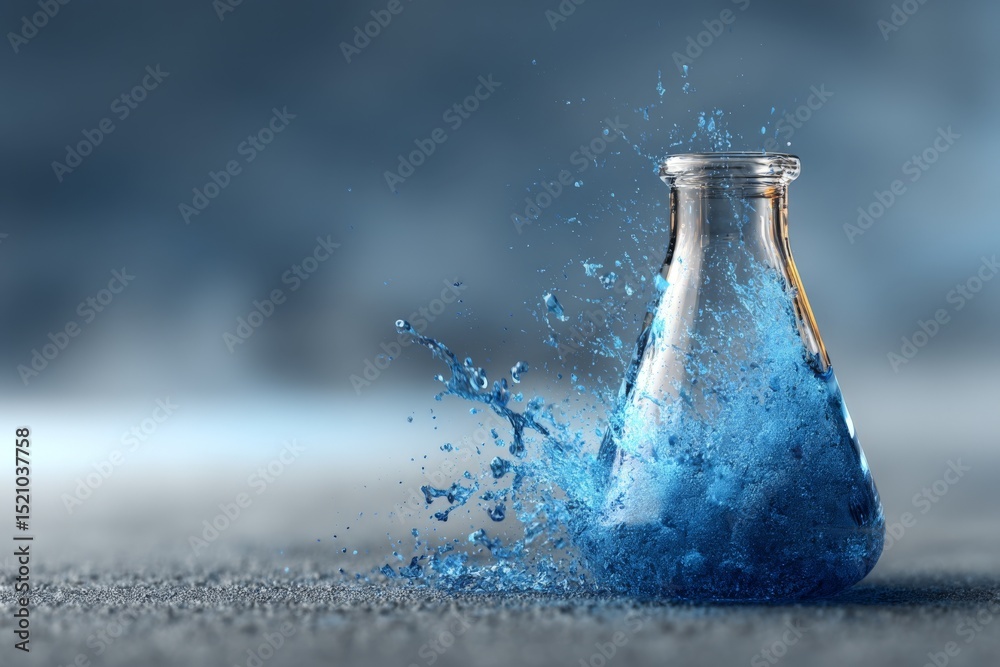 Poster Blue liquid splashing from glass flask on a textured surface during artistic demonstration of fluid dynamics