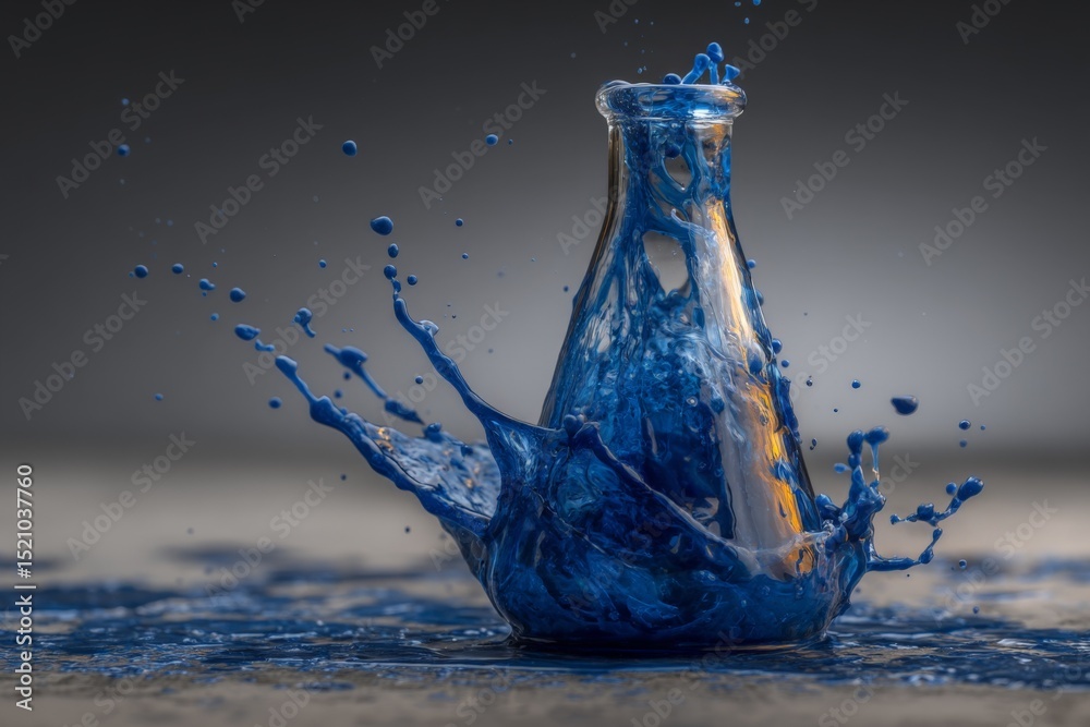Poster blue liquid splashes dramatically from a glass flask in a creative studio setting