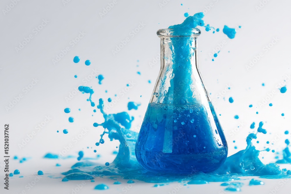 Poster Colorful liquid erupts from glass flask during science experiment in laboratory setting