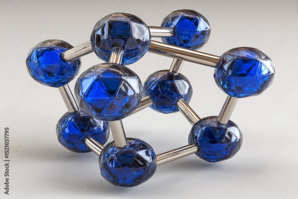 Aufkleber depiction of a geometric structure featuring blue crystal spheres and metallic rods arranged in a co