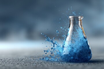 Blue liquid splashing from glass flask on a textured surface during artistic demonstration of fluid dynamics