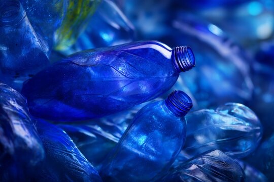 Blue plastic bottles scattered in various shapes and sizes creating an abstract texture in a recycling collection setting