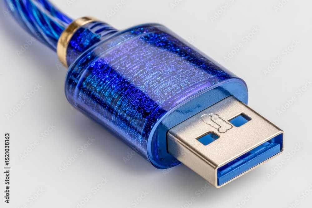 Poster Close-up view of a blue USB connector with a shimmering texture and shiny metallic ends on a light background
