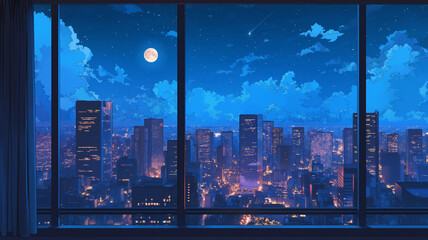 夜の静寂に包まれた高層ビル群と月が描かれた窓越しの幻想的な風景イラスト。星降る夜空と都市の灯りが織りなすロマンティックな空間を眺める室内からの眺望シーン。