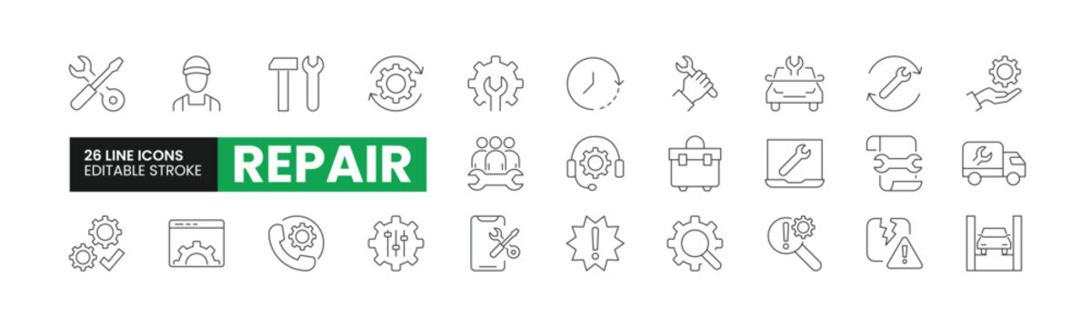 Set of 26 Repair line icons set. Repair outline icons with editable stroke collection. Includes Mobile Repair, House Repair, Handyman, Repair Truck, Toolbox, and More.