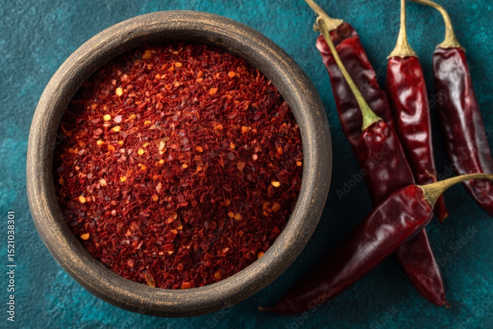 Poster ground red chili and whole peppers displayed on a blue background in a rustic bowl