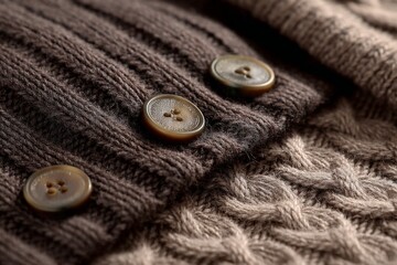 Textured knitwear showcasing buttons and patterns in a cozy arrangement for winter fashion