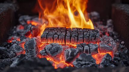 Burning charcoal with glowing embers and flames