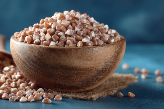 Whole grains in wooden bowl display nutritious buckwheat on rustic backdrop