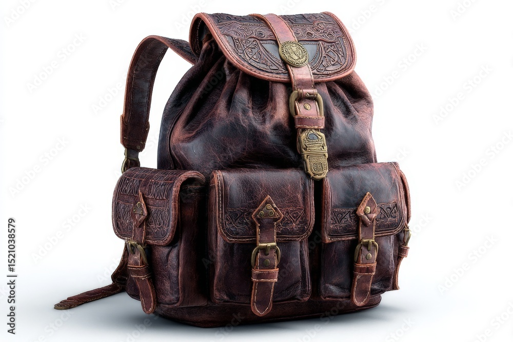 Poster stylish leather backpack with intricate detailing suitable for travel and everyday use