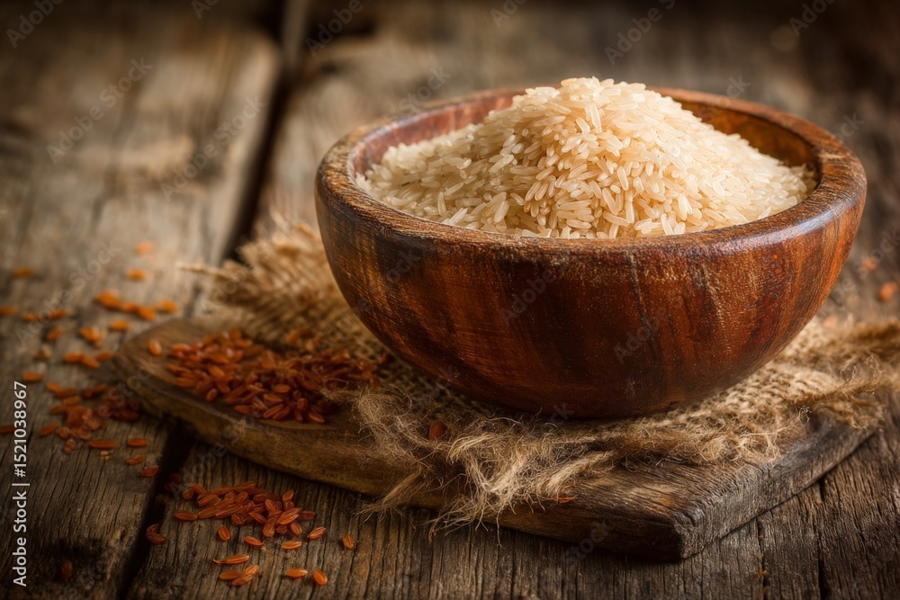 Poster bowl of uncooked rice on wooden table with rustic elements showcasing grains and textures