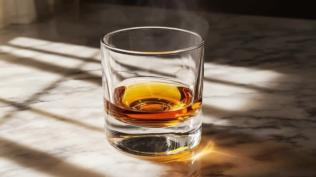 A close-up view of a whiskey glass filled with amber liquid on a marble surface, illuminated by soft light