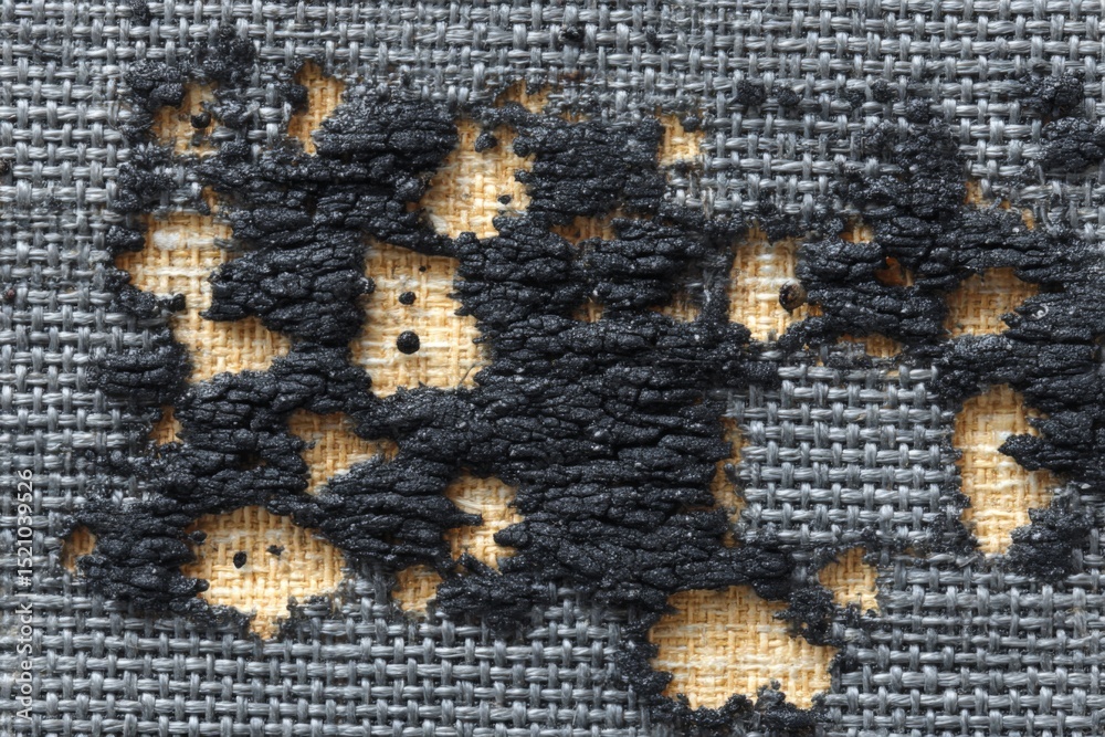 Poster Textile with significant damage showing dark burn marks on fabric surface and underlying neutral weave pattern during detailed inspection