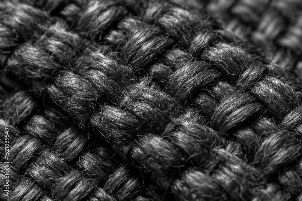 Poster close-up of intricately woven black textile showcasing texture and pattern in natural light