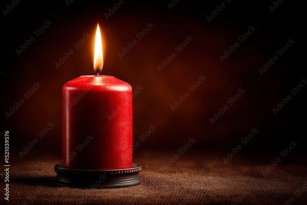 Poster Illuminating red candle casting warm light in a dark setting during evening hours