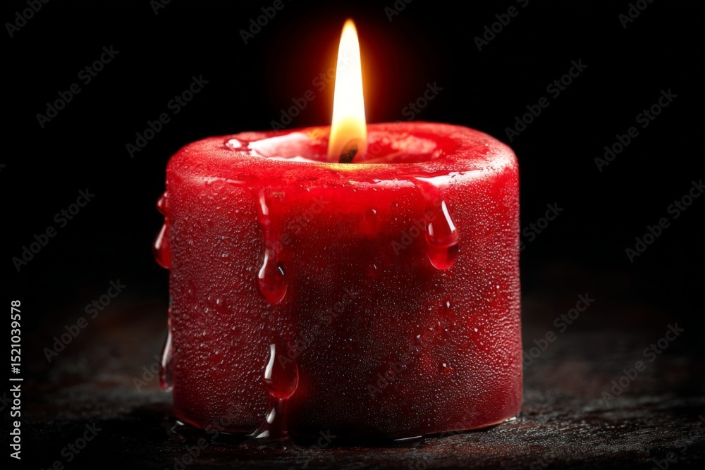 Poster red candle burning softly in a dark space with melted wax dripping down its side