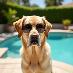 A confident golden retriever wearing stylish sunglasses poses gracefully by a serene pool, capturing the essence of leisure and joy on a beautiful sunny day.