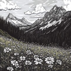 Stunning alpine landscape with blooming wildflowers and dramatic mountain black and white art image