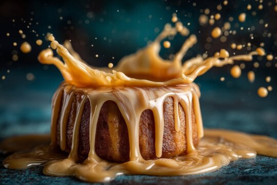 Moist cake topped with flowing caramel sauce creates a delicious dessert presentation in a dark setting