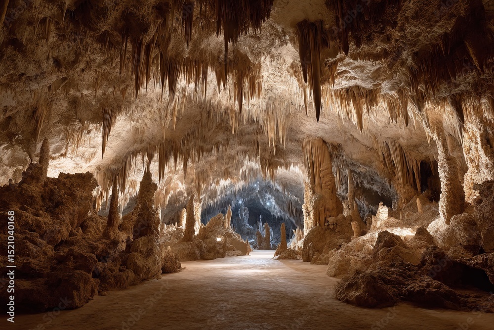 Poster intricate stalactite formations in a large, illuminated cave during a tranquil evening