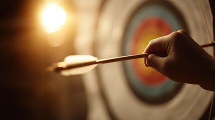 Focused hand holding arrow aimed at archery target.