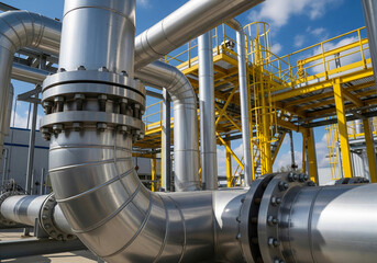 High-resolution image of industrial metal pipelines and yellow steel structure at a modern gas or oil processing plant, ideal for energy, engineering, and infrastructure industry content.