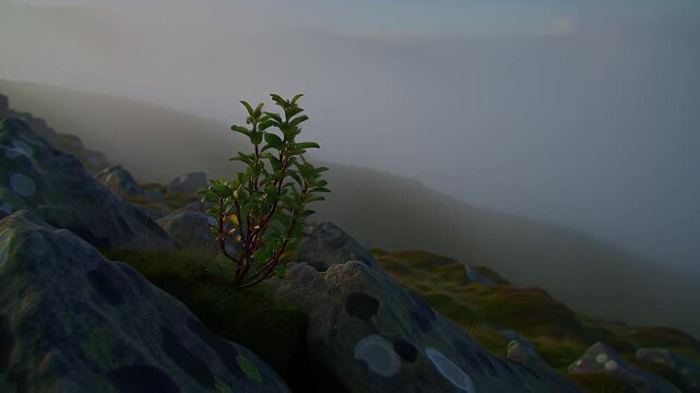 Resilience of Nature A lone plant bravely survives amidst misty mountain rocks, showcasing the tenacious spirit of life in harsh environments.