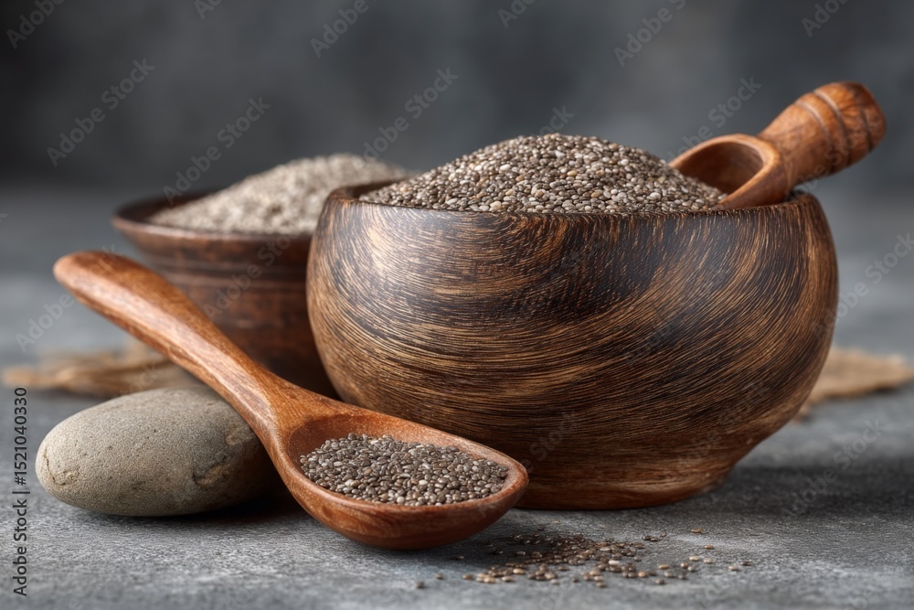 Poster natural chia seeds and blended spices displayed in wooden bowls and spoons in a rustic kitchen setti