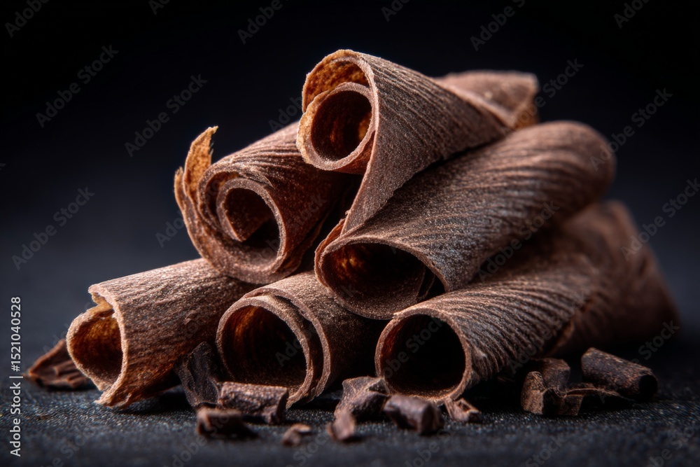 Poster Cinnamon shavings arranged artistically on a dark surface create a warm and inviting display for culinary enthusiasts