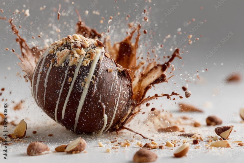 Poster Chocolate truffle bursts and splashes on a light background creating a deliciously chaotic scene