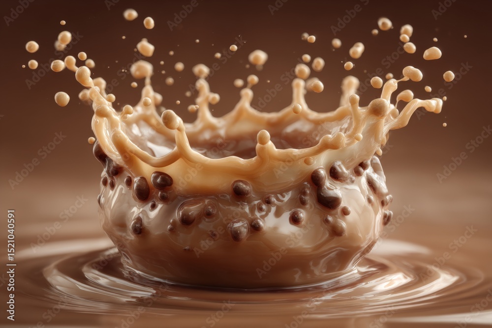 Poster chocolate splash creates dynamic crown shape in liquid pool during dessert preparation