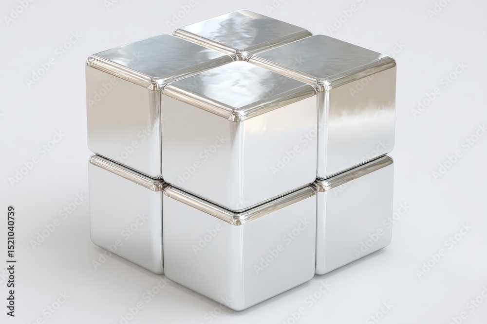 Poster metallic cube display with polished surfaces arranged in a geometric formation for artistic purposes