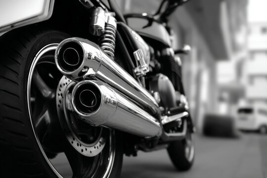 Close-up view of motorcycle exhaust pipes showcasing the sleek design and polished chrome finish in an urban scene with soft lighting