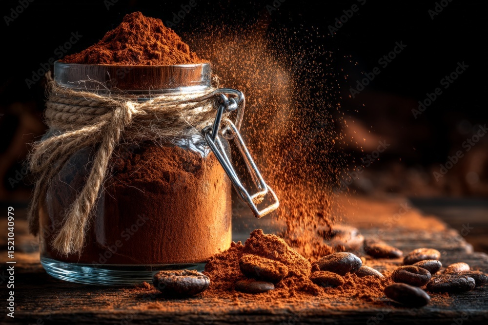 Poster delicious cocoa powder spills from a glass jar on a rustic wooden surface surrounded by cocoa beans